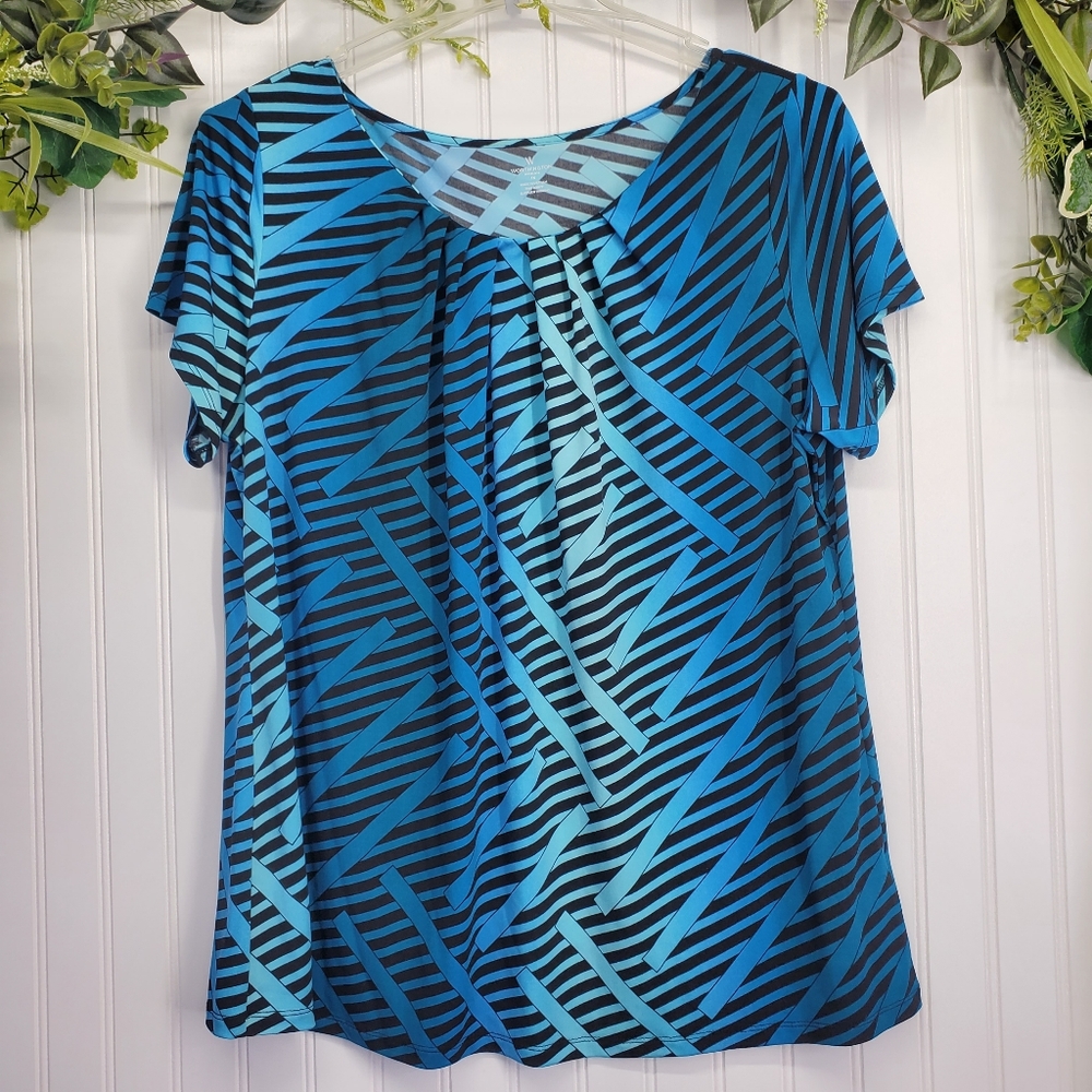 Worthington Women's Blouse Pleated Neckline Short Slv Stripes/Abstract Size 1X